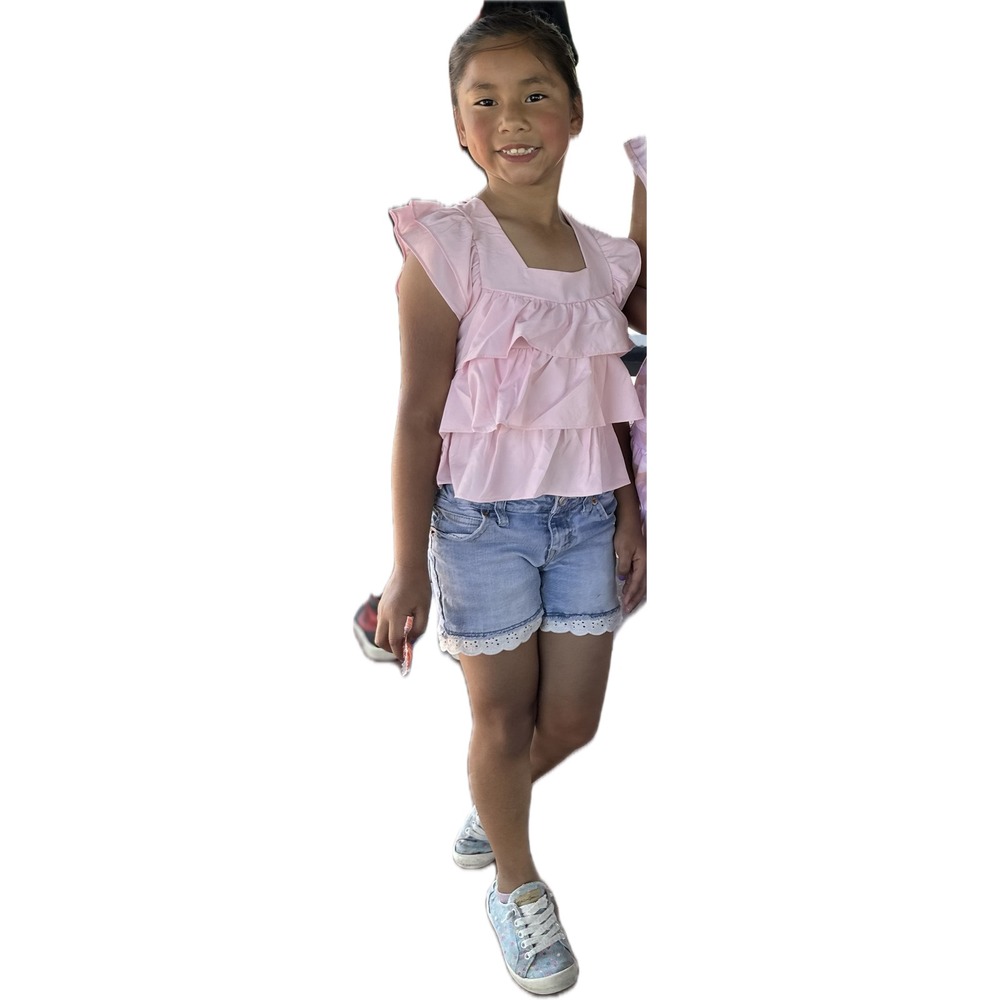 Girls Pink Ruffle‎ Tiered Square Neck Sleeveless Top Kids Size 6